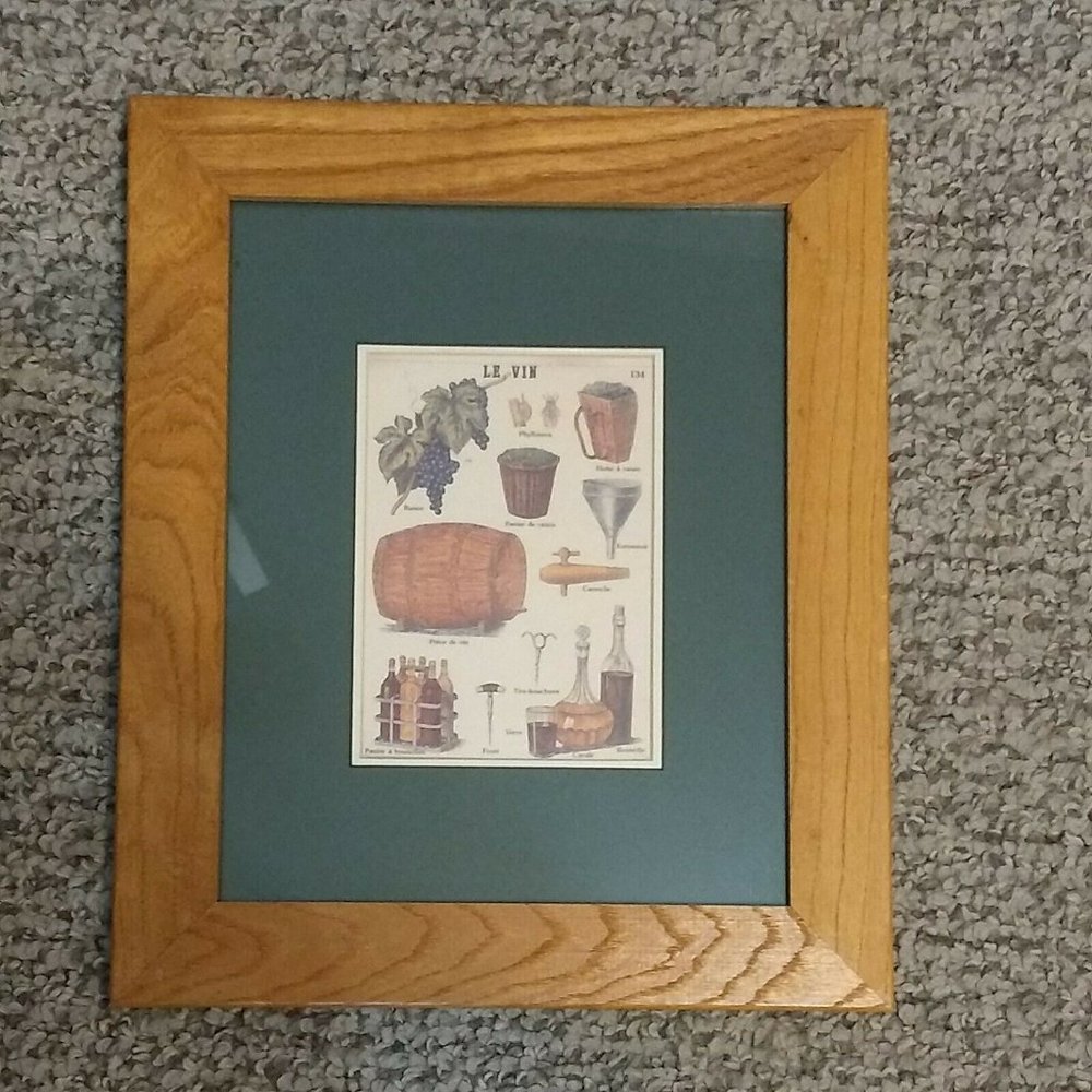 Wood Framed VTG French Le Vin Print showing Wine production Wine Grapes to Glass